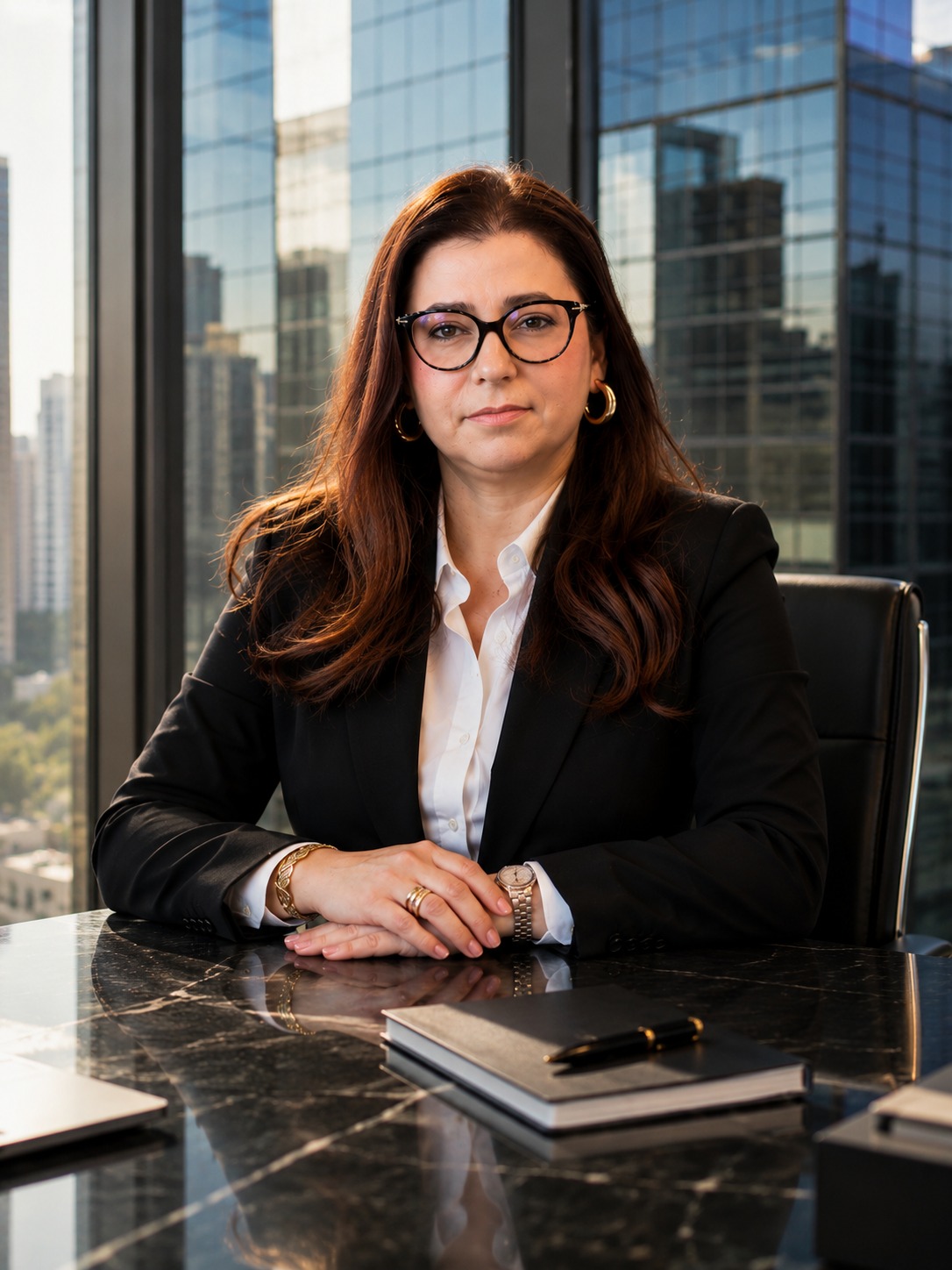 Retrato de Jacqueline Isis Kharlakian, de terno escuro e óculos, sentada a uma mesa de escritório.